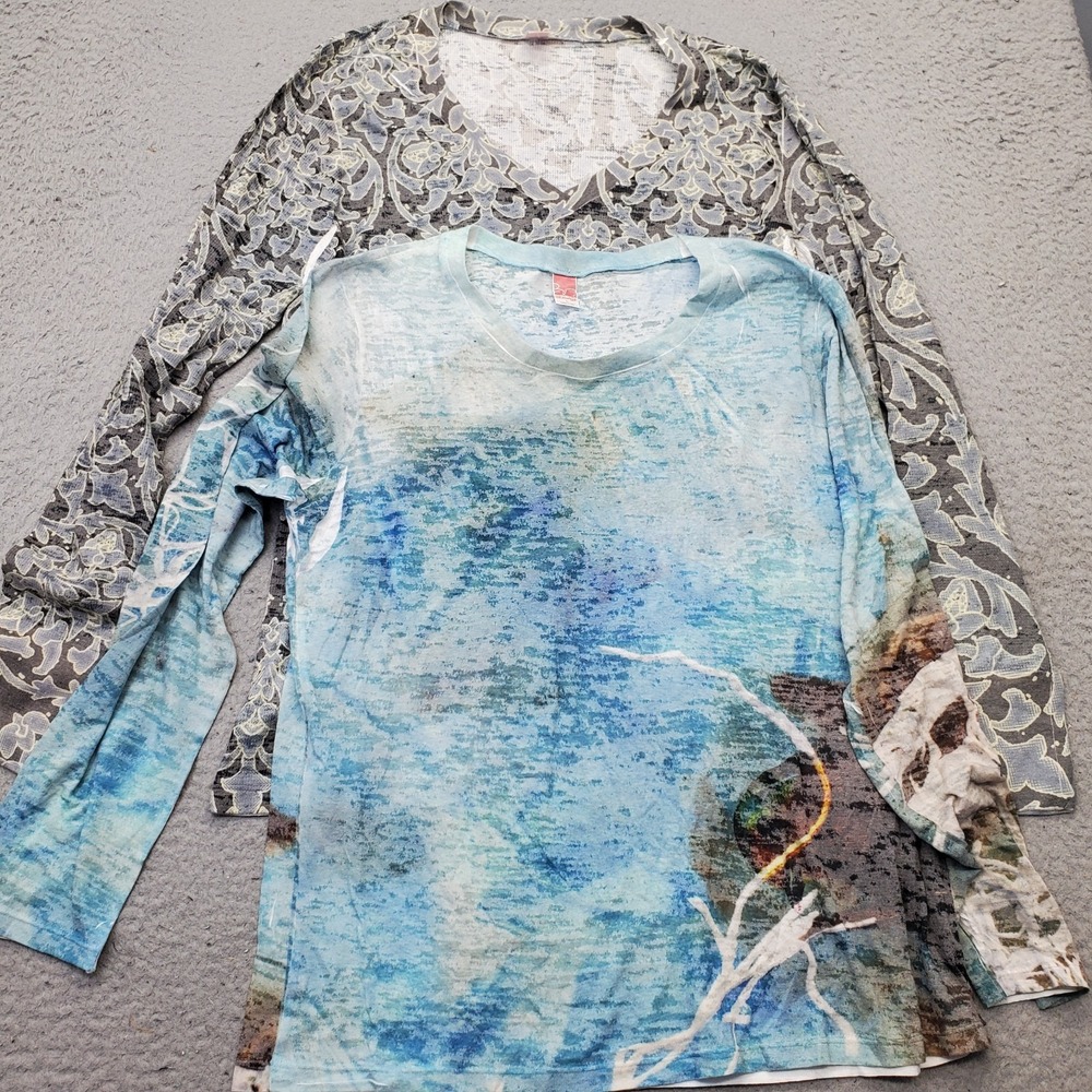Lot Of 2 Before + Again Tunic Top Women M/L Multi Pattern Long Sleeve V-Neck USA